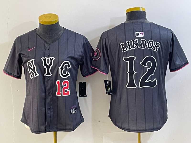 Womens New York Mets #12 Francisco Lindor Number Grey 2024 City Connect Cool Base Stitched Jerseys